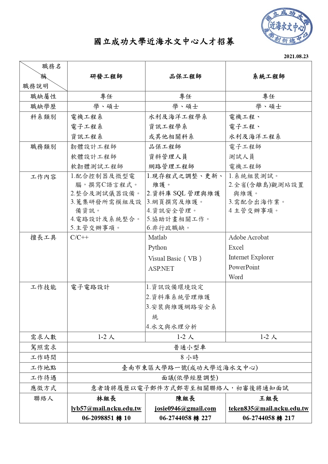 國立成功大學近海水文中心人才招募