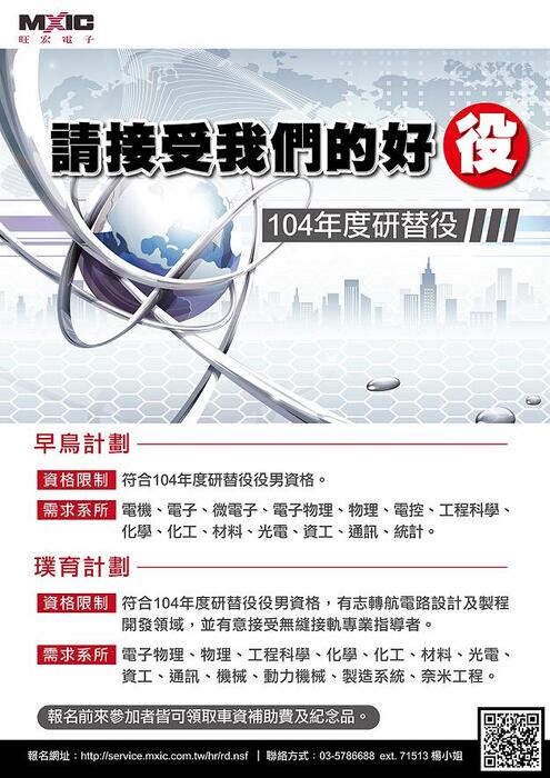 旺宏電子104年度研發替代役甄選活動(車資補助+面談)，歡迎報名參加！圖片